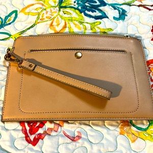 Linea wristlet pouch tan zipper snap pocket removable wrist strap